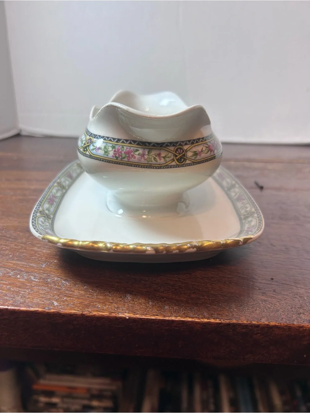 Rare J POUTAT LIMOGE White Porcelain Gravy Boat with Pink Floral Band